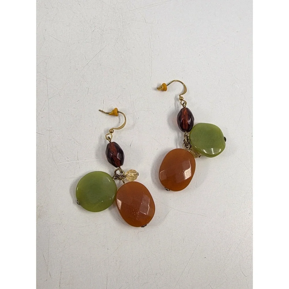 Multilayer Bead Necklace and Earring Set Earth Tones Green Orange Gold Tone